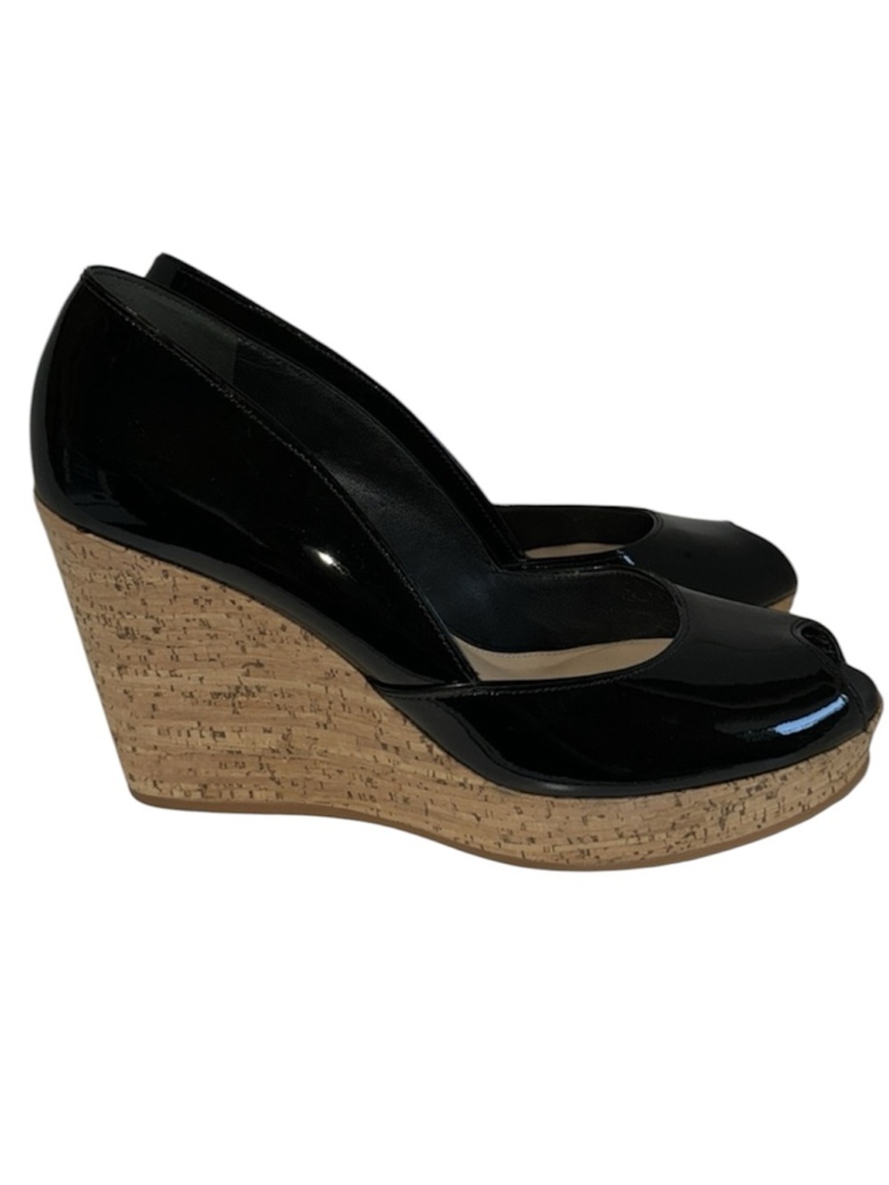 Via Spiga Black Patent Leather & Cork Platform Wedges Peep Toe Women’s 8